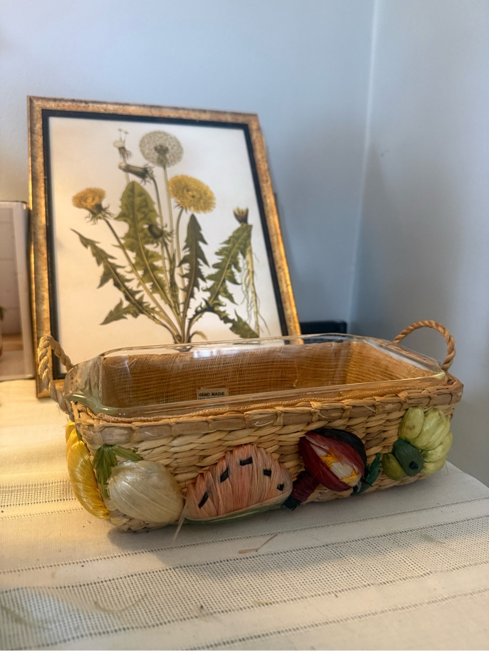 Vintage Cottagecore Handwoven Cookware Basket Duo with Pastel Floral Mushrooms - Picture 3 of 9